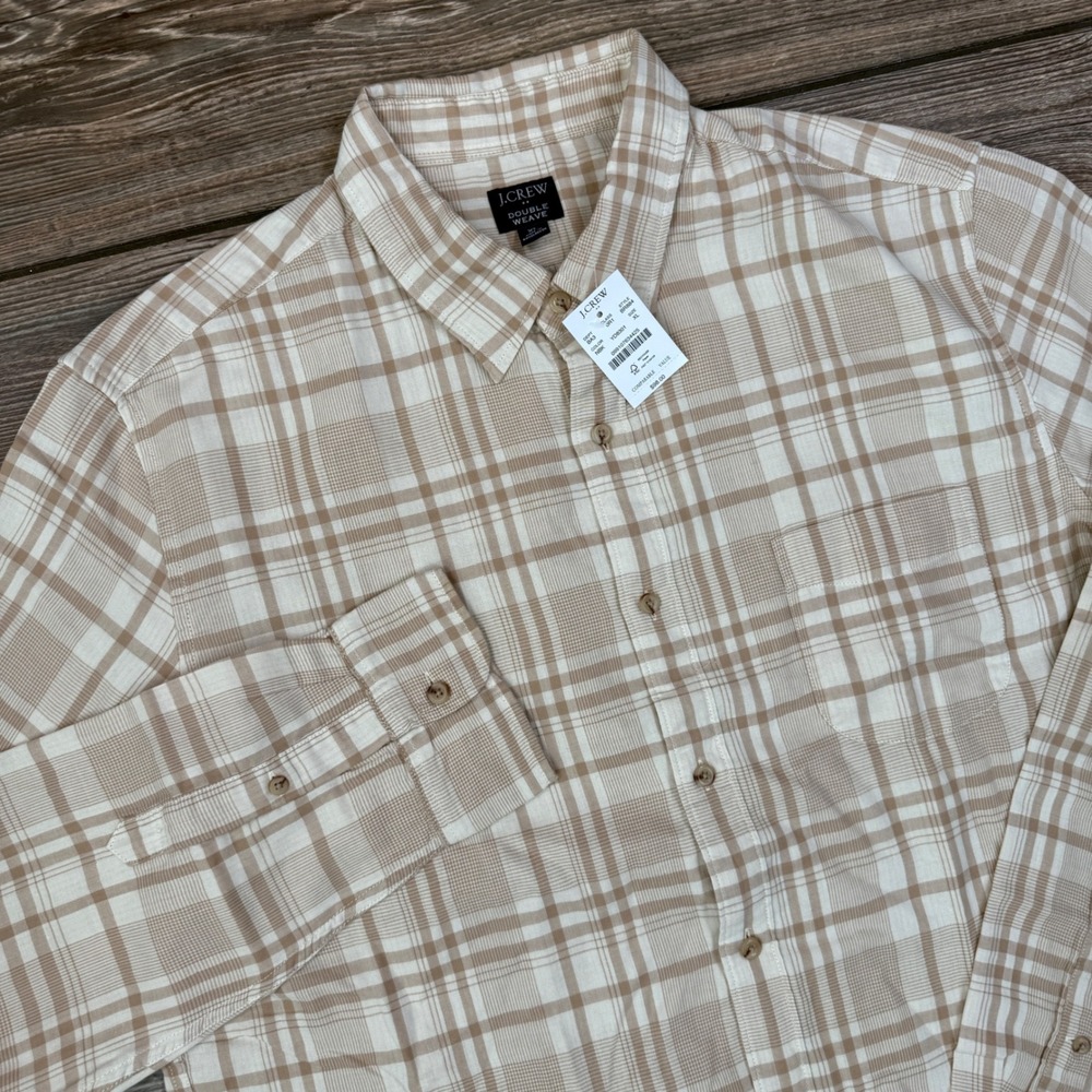 J.Crew Mens Button Up Shirt Size XL Tan White‎ Plaid Double Weave BR884 NEW